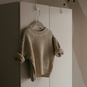 Petit pull enfant en maille beige suspendu à un cintre